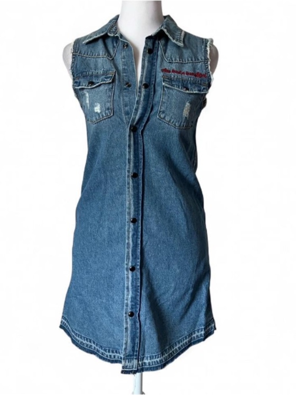 Hudson Denim Shirt Sleeveless Distressed Button Front Western Mini Dress - Picture 2 of 11